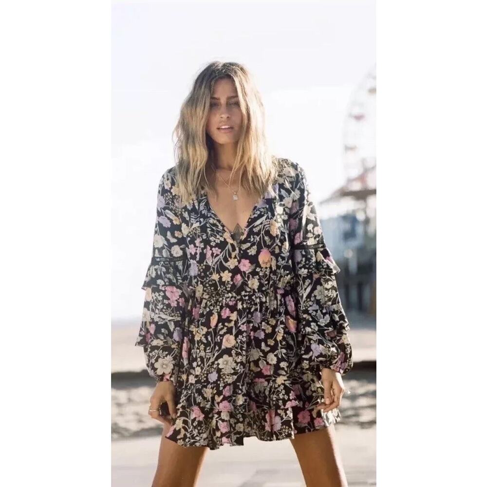 Spell & The Gypsy XS Sayulita Frill Mini Dress in Black Floral